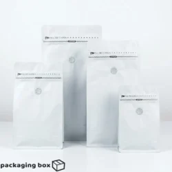 White matte flat bottom coffee bags in four sizes with one-way degassing valve and pull-tab zipper closure – premium coffee packaging bags