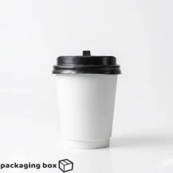 Two 8oz and 12oz white double wall paper coffee cups with black plastic lids on white background by Packaging Box