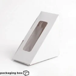 White kraft triangle sandwich box with clear window for eco-friendly food packaging in Pakistan.
