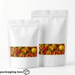 White standup pouch for pickle with clear window showing colorful mixed vegetables and achaar – resealable food packaging bag
