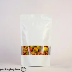 White standup pouch for pickle with clear window showing colorful mixed vegetables and achaar – resealable food packaging bag