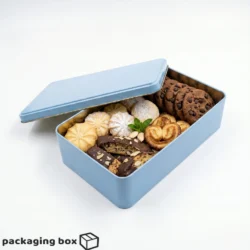 Blue Square Tin Box filled with assorted cookies and biscuits