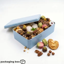 Blue Square Tin Box filled with assorted cookies and biscuits