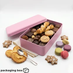 Pink Square Tin Box filled with chocolates, macarons and assorted cookies