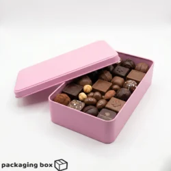 Pink Square Tin Box filled with chocolates, macarons and assorted cookies