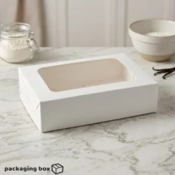 White 12 brownie box with large clear rectangular window holding 12 fudgy white chocolate chip brownies on marble surface