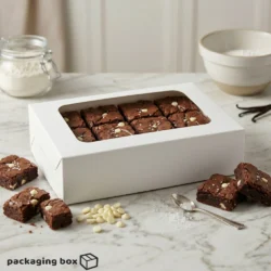 White 12 brownie box with large clear rectangular window holding 12 fudgy white chocolate chip brownies on marble surface