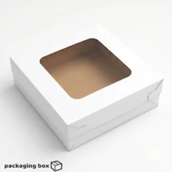 White 4-piece brownie box with large square clear window showing 4 fudgy pecan chocolate chip brownies inside