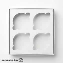 4 cupcake box with full clear PVC lid holding tall decorated cupcakes in white base