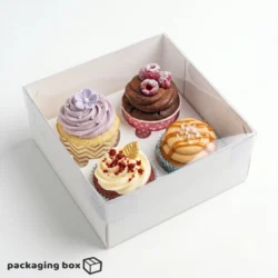 4 cupcake box with full clear PVC lid holding tall decorated cupcakes in white base