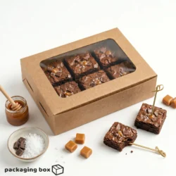 Kraft brown 6-piece brownie box with large rectangular clear window showing 6 fudgy salted caramel chocolate chunk brownies, styled with caramel sauce, sea salt and chocolate pieces