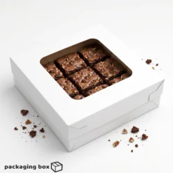 White 9-piece brownie box with large square clear window showing 9 fudgy pecan walnut chocolate chip brownies in a 3x3 grid layout, styled with brownie crumbles and pecan pieces