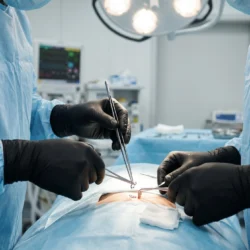 Two surgeons wearing white sterile disposable surgical gloves performing a medical procedure in an operation theatre โ available at PackagingBox.pk