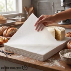 Hand lifting a sheet from a stack of white butter paper on a wooden bakery counter surrounded by bread, cake, pastries and flour — available at PackagingBox.pk