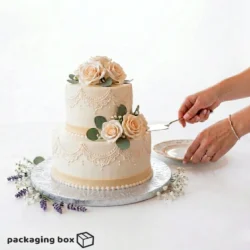 Silver Cake Drum Board supporting a 2-tier white fondant wedding cake with blush roses and eucalyptus