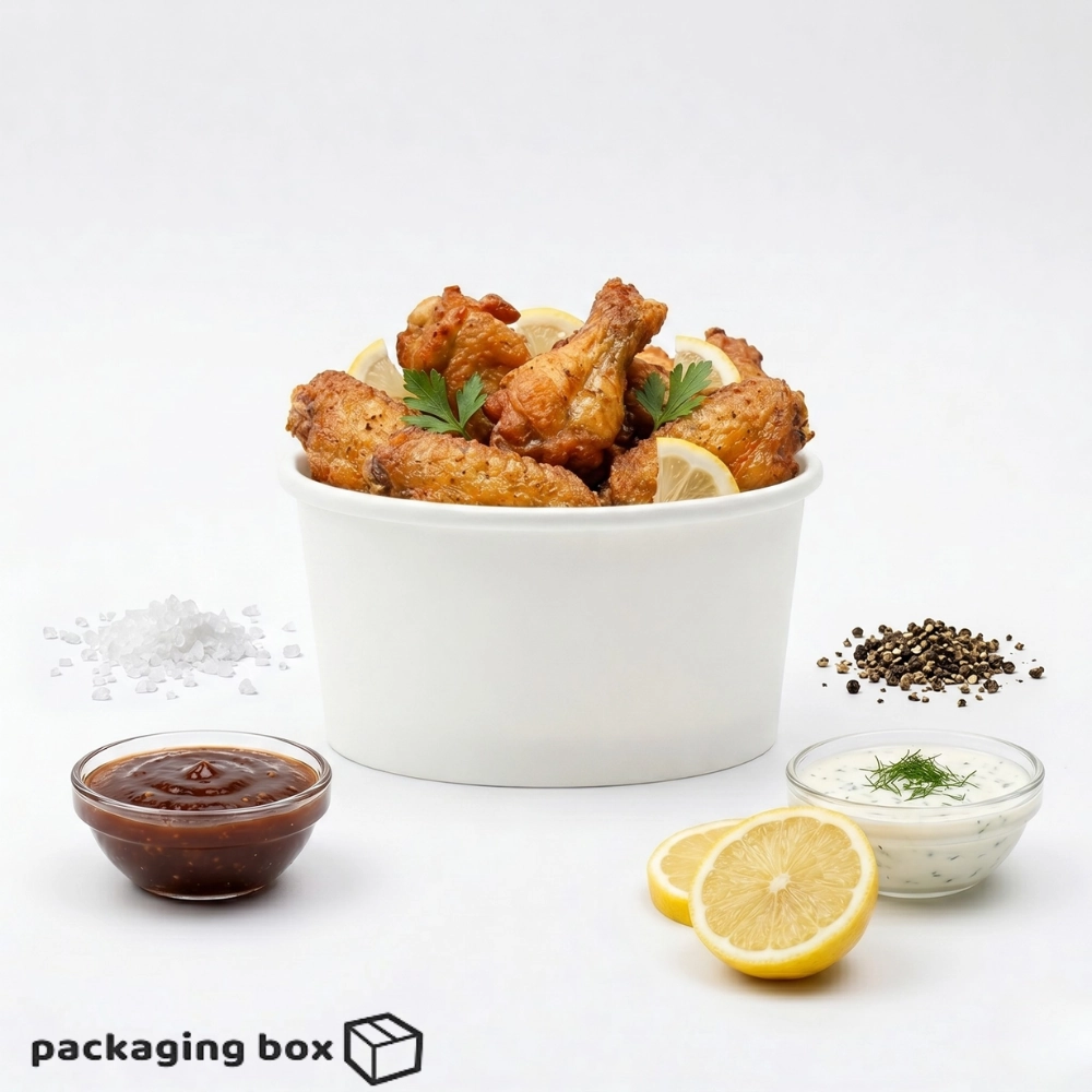 White Paper Bowl with Crispy Chicken Wings and Dipping Sauces