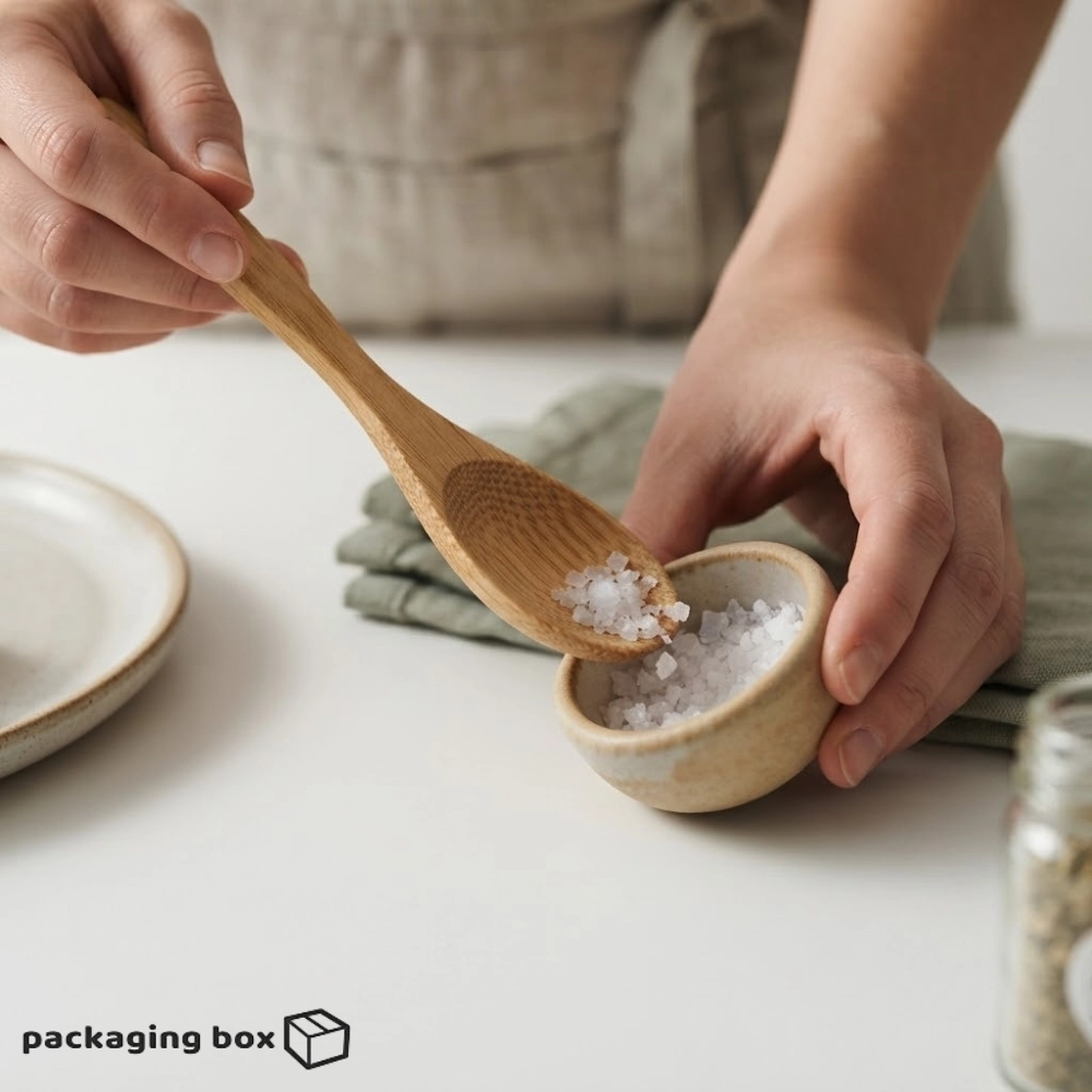 Polished Wooden Tea Spoon with Sea Salt Bowl